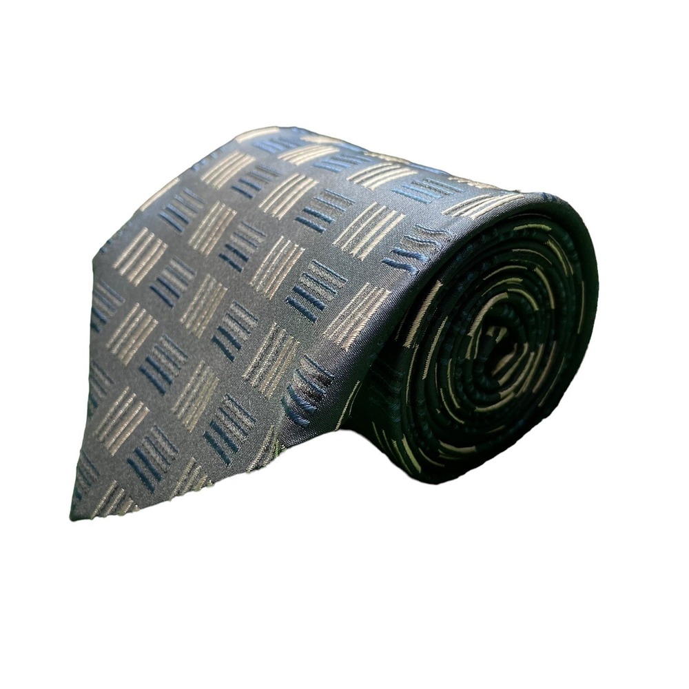 Ermenegildo Zegna Navy Blue Silver Geometric Silk Tie 3.5 Inch Width Excellent